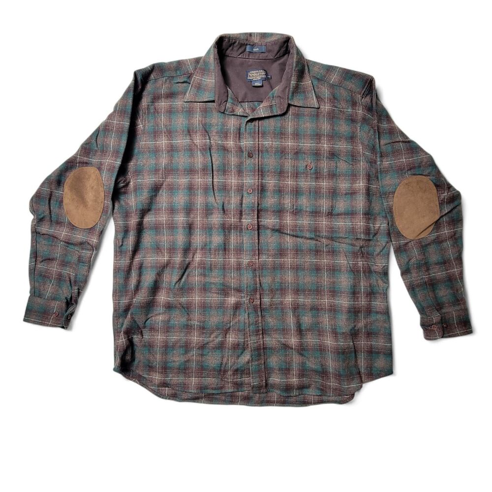 Pendleton Wool Trail Shirt Men's XXL Button Up Blue Brown Plaid Elbow Patch EUC